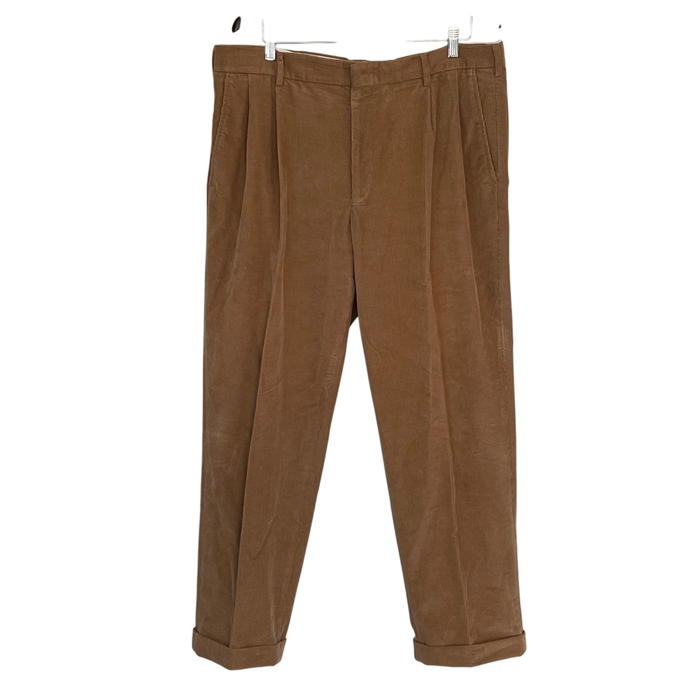 Lands End Traditional Fit Corduroy Pleated Pants Tan Mens Size 38 Preppy Classic